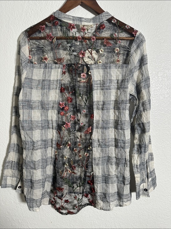 Oddi Tops - NWT Oddi Clothing Button Up Plaid Shirt with Sheer Mesh Embroidery Size M